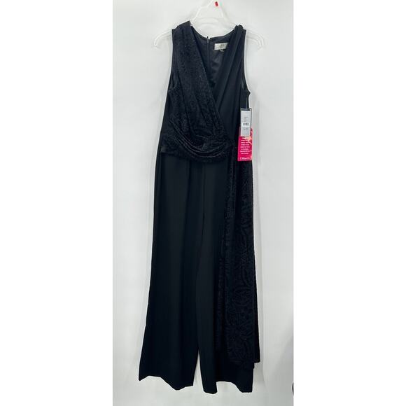 Tahari Arthur S Lavin Size 12p Black Velvet Wide Leg Jumpsuit Black Sparkle Slas - Picture 1 of 16
